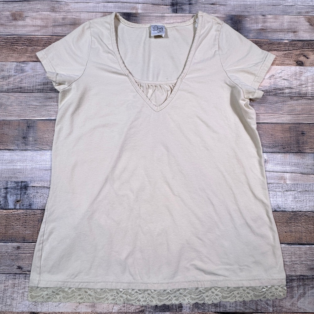 Butterfly Women's V-Neck T-Shirt Beige Size 14/16 Lace‎ Trim Short Sleeve Cotton